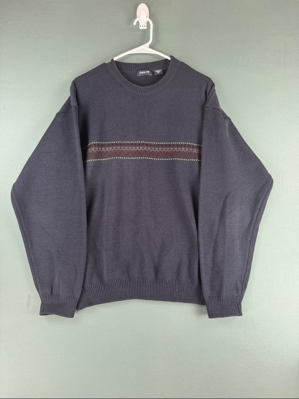 Arrow Men's Dark Navy Crewneck Sweater with Chest Fair Isle Stripe